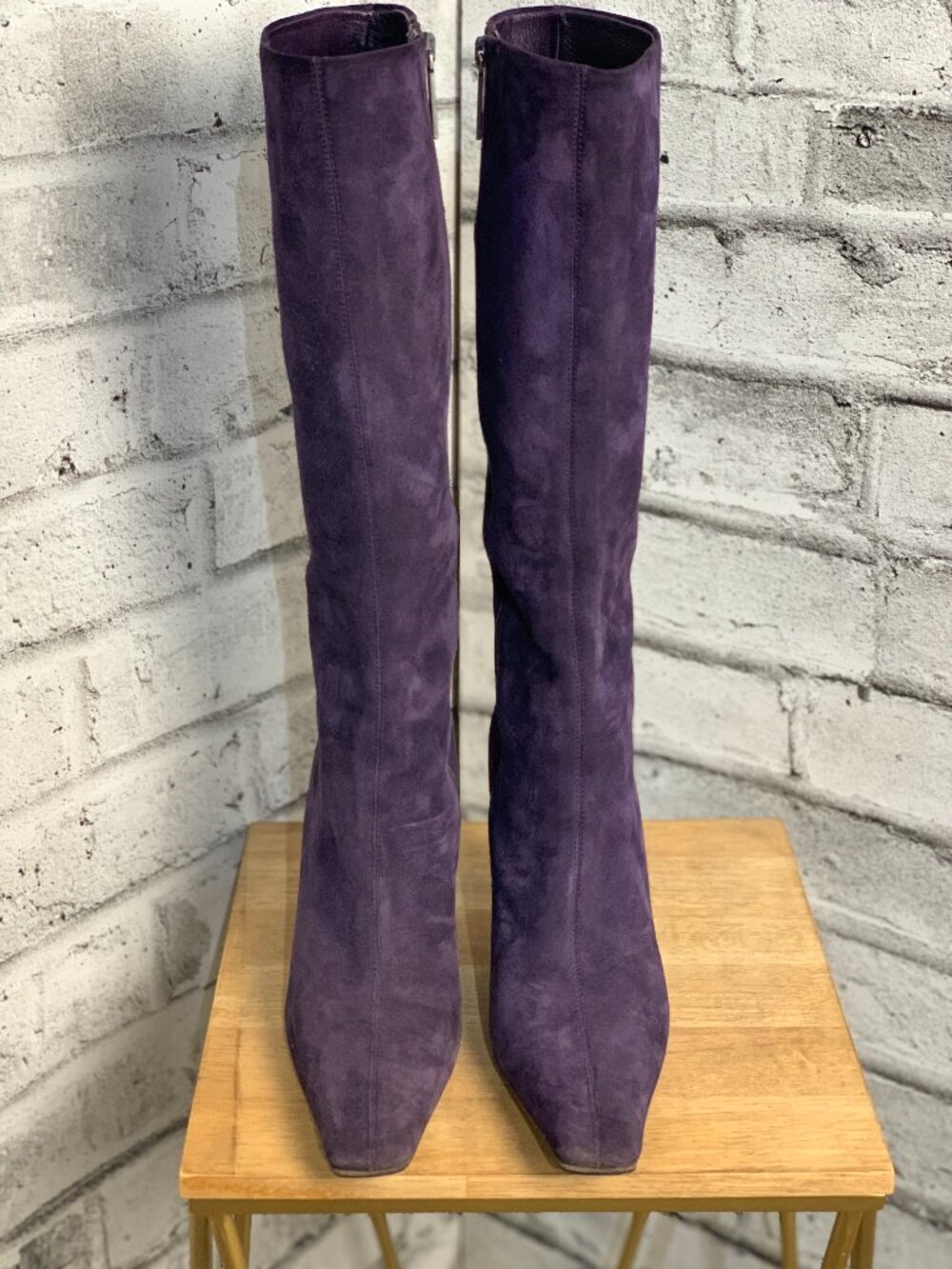 Donald Pliner Boot 8 Purple Suede Leather Pointy Toe Side Zip Stiletto Knee High - Picture 4 of 11
